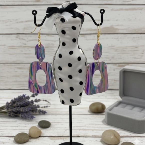 Handmade Geometric Dangle Earrings –Bold, Artsy, Handmade Polymer Clay Host Pick - Picture 10 of 15